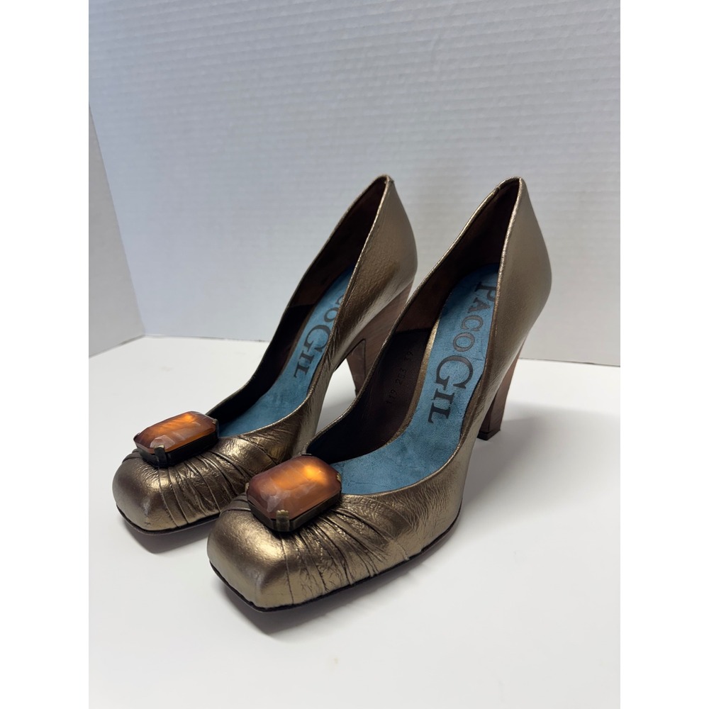Paco Gil Bronze Metallic Leather Gemstone Square Toe Pumps‎ Spain 39 Women 8.5